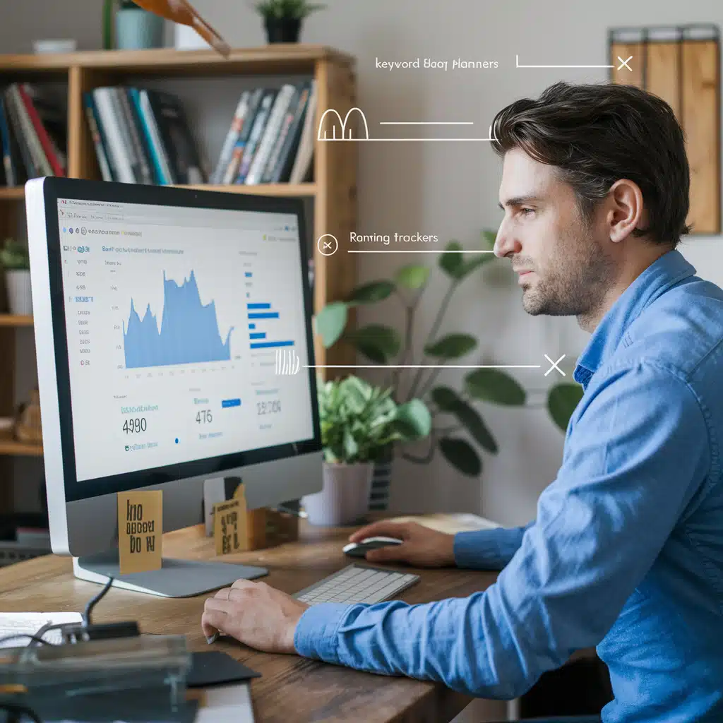 An Edmonton-based SEO expert working on a computer, with graphs and analytics visible on the screen. Include subtle references to SEO tools like keyword planners and ranking trackers in the background.