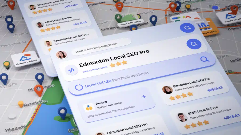 *A realistic rendering of a search engine results page (SERP) showing a business ranking in the top three results for 'Local SEO Edmonton.' Include a visible map with pins highlighting local businesses in Edmonton.*

