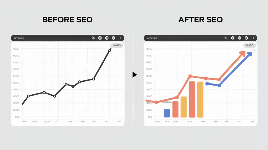 Two side-by-side charts, one showing a low-performing website and the other showing a massive improvement in traffic and rankings after SEO services. Use labels like 'Before SEO' and 'After SEO' with notable growth arrows.