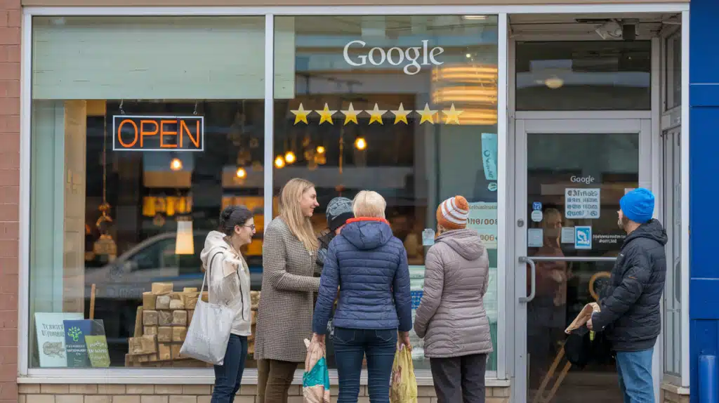 A thriving small business storefront in Edmonton, with visible signs of success, such as 'open' signs, customers outside, and a Google review rating displayed. Incorporate the feeling of growth and community impact.