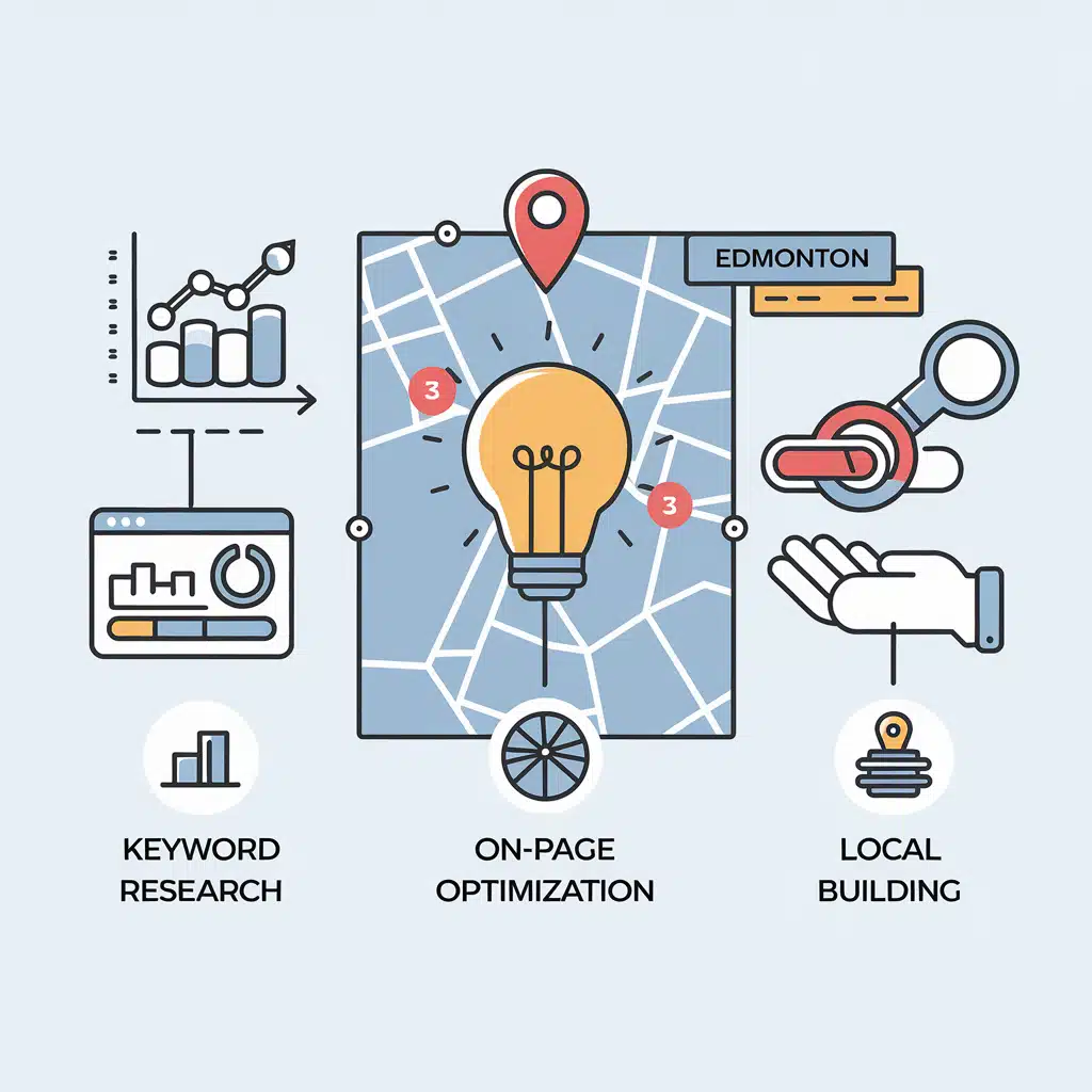 A clean, modern illustration showing the step-by-step process of local SEO, including keyword research, on-page optimization, and local link building. The graphic should highlight Edmonton on a map with SEO-related icons (graphs, ranking arrows, etc.).