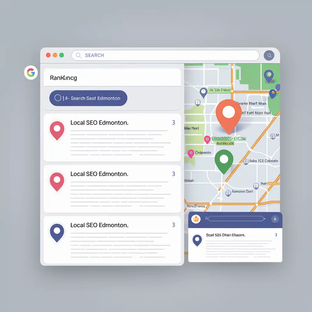 A realistic rendering of a search engine results page (SERP) showing a business ranking in the top three results for 'Local SEO Edmonton.' Include a visible map with pins highlighting local businesses in Edmonton.